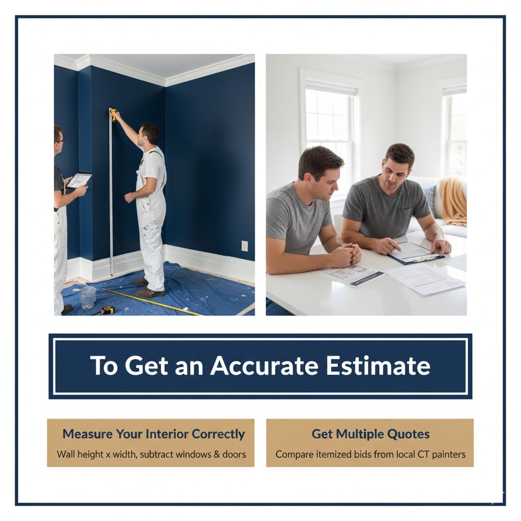 A two-part instructional graphic showing a professional painter measuring a deep blue wall with a laser tool and two homeowners reviewing itemized painting quotes from local CT painters.