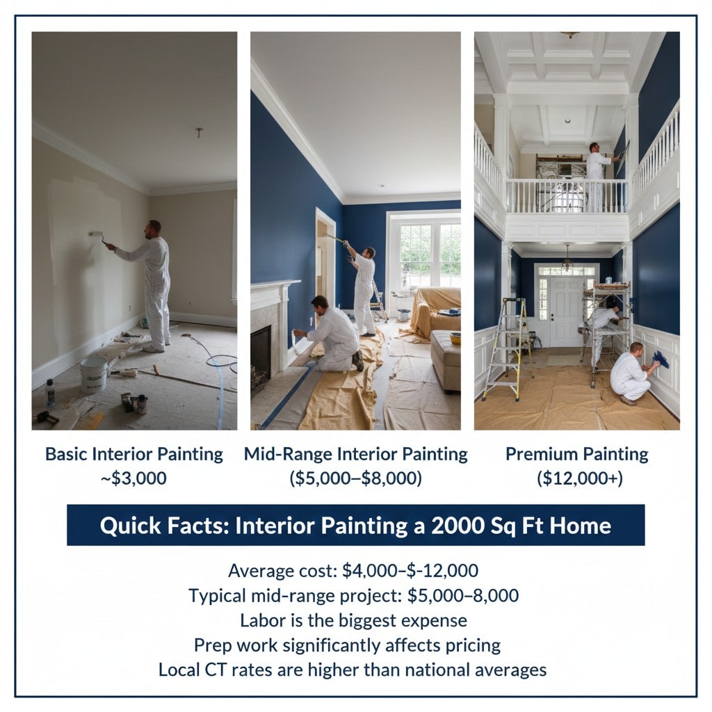 A pricing guide for interior painting in Connecticut showing three tiers: Basic (~$3,000), Mid-Range ($5,000–$8,000), and Premium ($12,000+), featuring professional painters in high-ceiling and detailed residential settings.