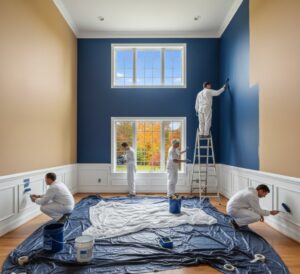 Avon Professional House Painters using ladders to paint a high-ceiling living room with deep blue and tan accent walls and white wainscoting.