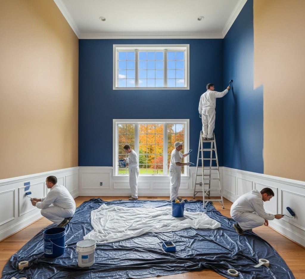 Avon Professional House Painters using ladders to paint a high-ceiling living room with deep blue and tan accent walls and white wainscoting.