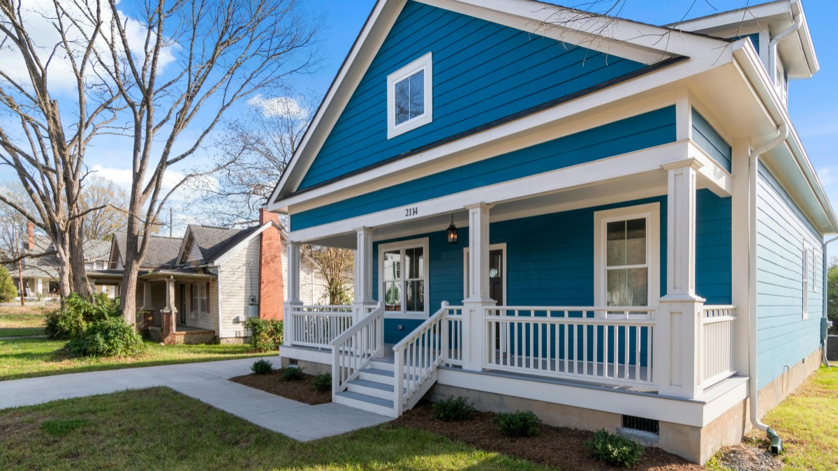 A blue two-story house