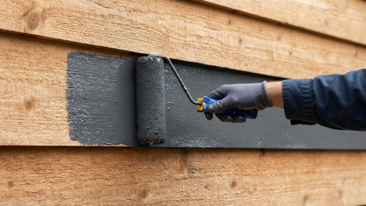 Gloved hand rolling dark grey paint onto horizontal wooden siding