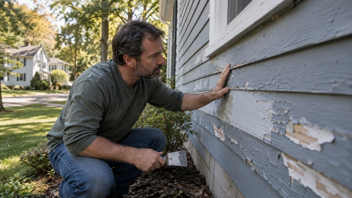 closely inspecting an exterior painted wall before repainting