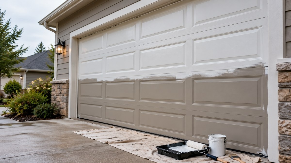 white sectional garage door partially painted in a taupe-brown color